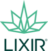 The LIXIR logo - a green abstract of a hemp leaf with LIXIR stylized underneath it