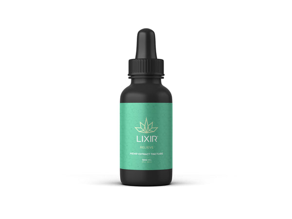 The 1000mg LIXIR RELIEVE hemp extract tincture in a black dropper bottle with a green package label 