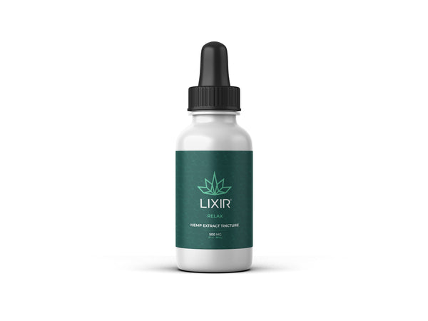 The 500mg LIXIR RELAX hemp extract tincture in a white dropper bottle with a green package label